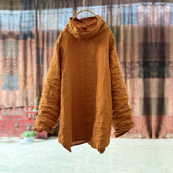 Ženska lanena košulja s visokim ovratnikom pile collar, dugim rukavima, 95% lana, književno retro stil, proljeće 2024