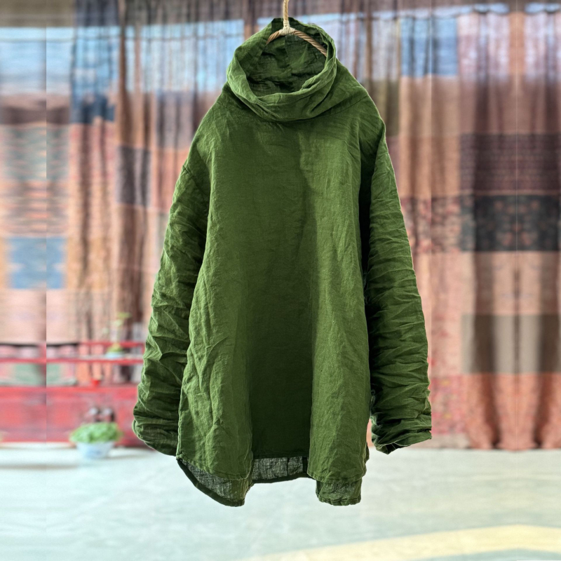 Ženska lanena košulja s visokim ovratnikom pile collar, dugim rukavima, 95% lana, književno retro stil, proljeće 2024