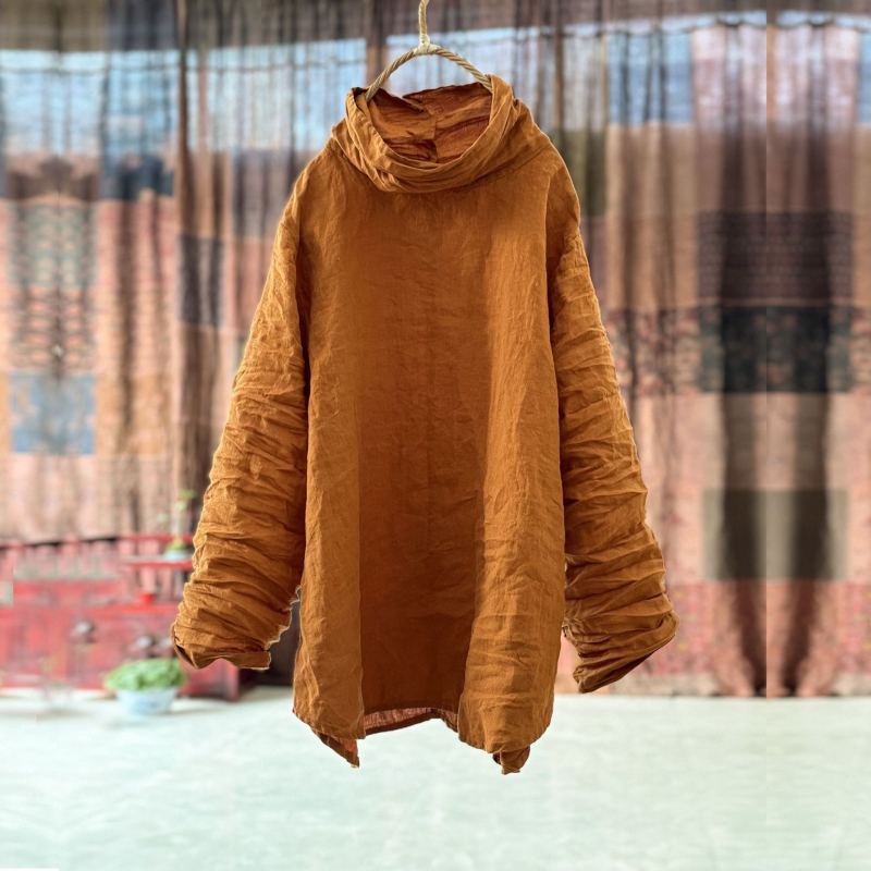 Ženska lanena košulja s visokim ovratnikom pile collar, dugim rukavima, 95% lana, književno retro stil, proljeće 2024