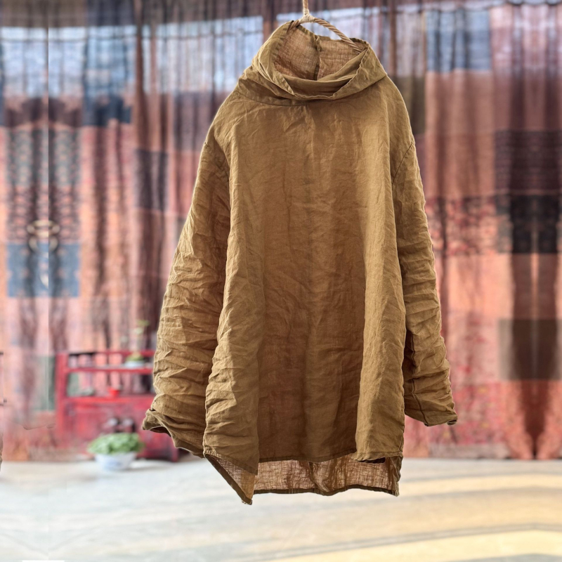 Ženska lanena košulja s visokim ovratnikom pile collar, dugim rukavima, 95% lana, književno retro stil, proljeće 2024
