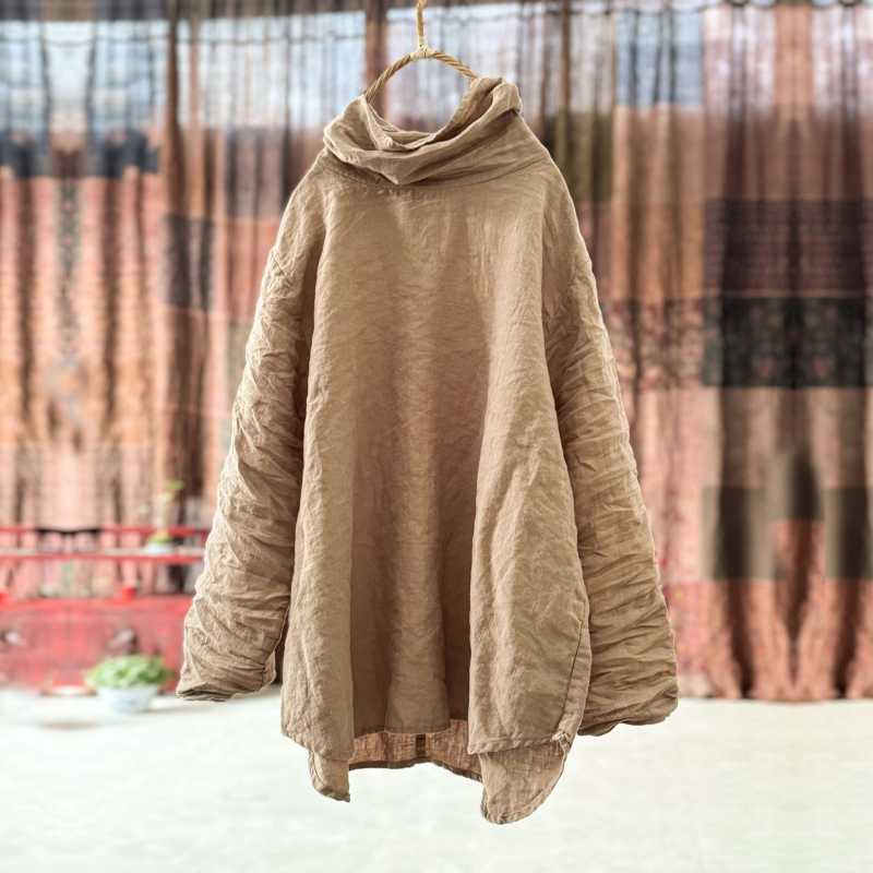 Ženska lanena košulja s visokim ovratnikom pile collar, dugim rukavima, 95% lana, književno retro stil, proljeće 2024