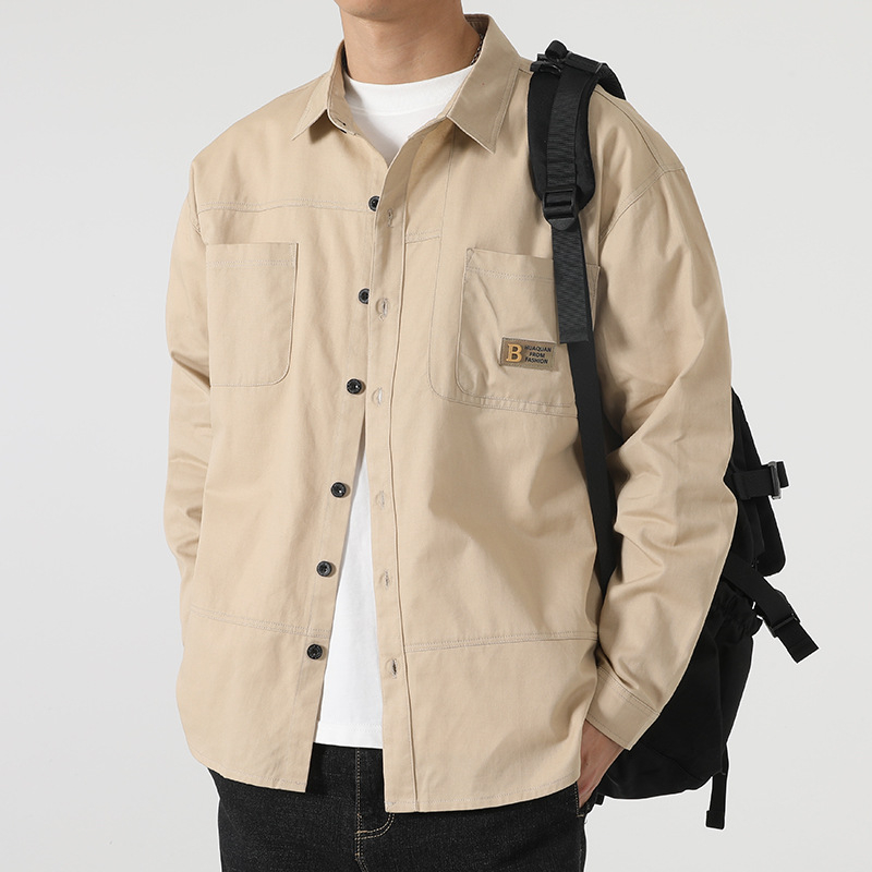 Pamut férfi külső ruházat hosszú ujjú, galléros, lazán szabott, egyrészes elülső zárás, őszi 2023