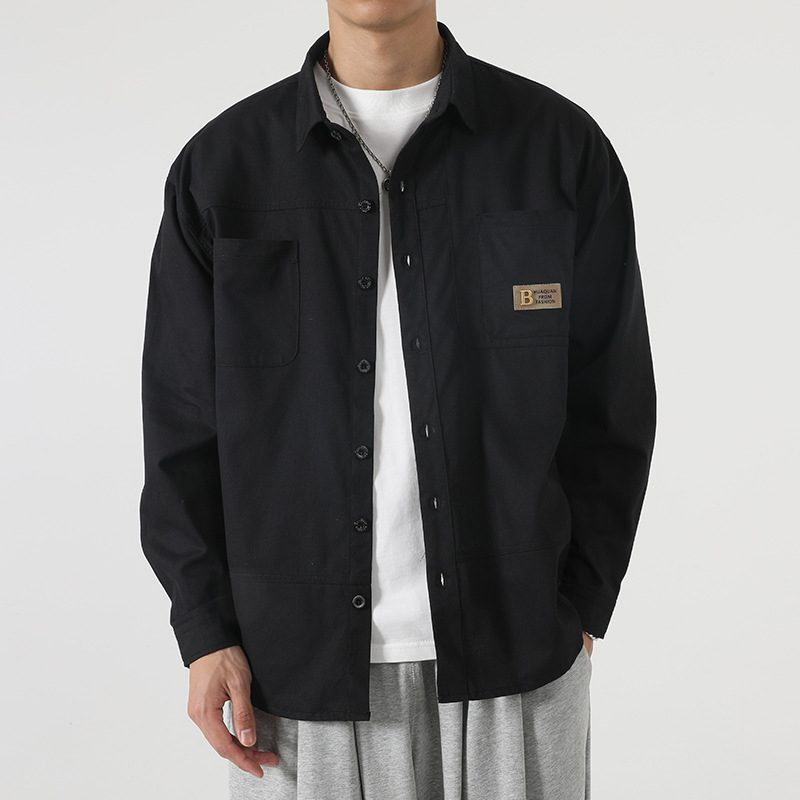 Pamut férfi külső ruházat hosszú ujjú, galléros, lazán szabott, egyrészes elülső zárás, őszi 2023