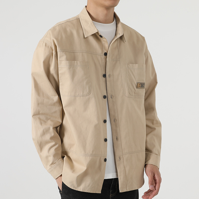 Pamut férfi külső ruházat hosszú ujjú, galléros, lazán szabott, egyrészes elülső zárás, őszi 2023