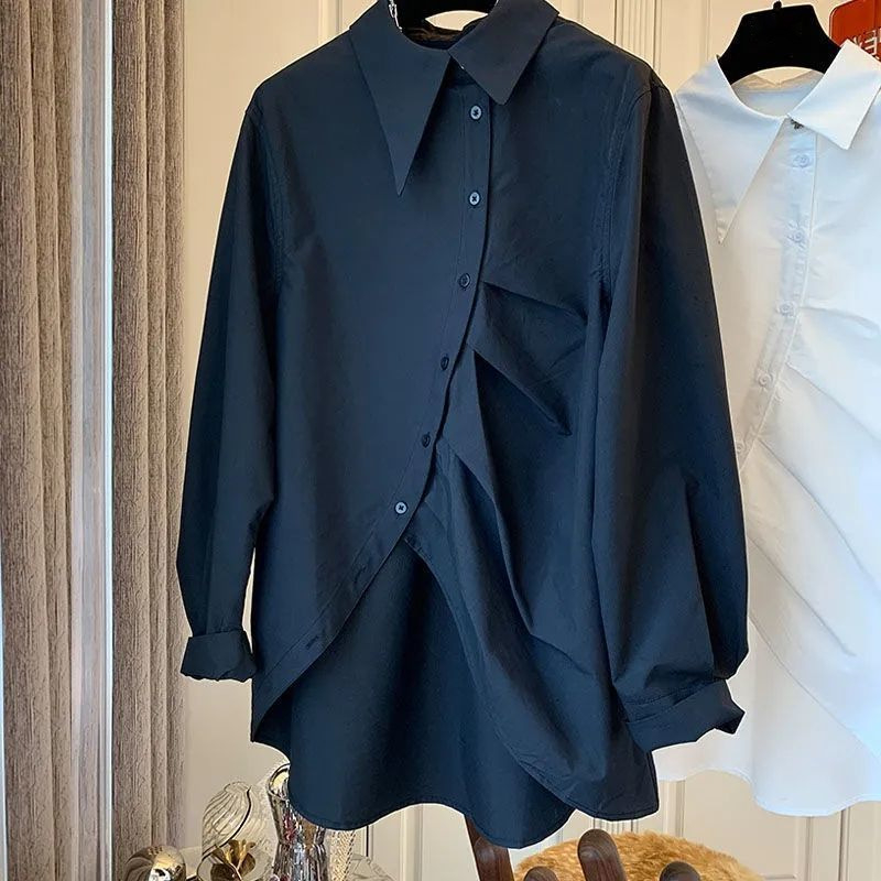 Cămașă cu design asimetric, croială lejeră, mâneci lungi, țesătură din poliester