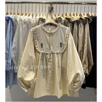 Ženska široka košulja za jesen/zimu, plus veličina, korejski stil, ručno izvezeni cvjetni patchwork, Mori stil, dugi rukavi, babydoll top.