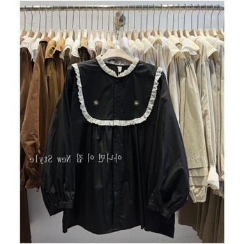Ženska široka košulja za jesen/zimu, plus veličina, korejski stil, ručno izvezeni cvjetni patchwork, Mori stil, dugi rukavi, babydoll top.