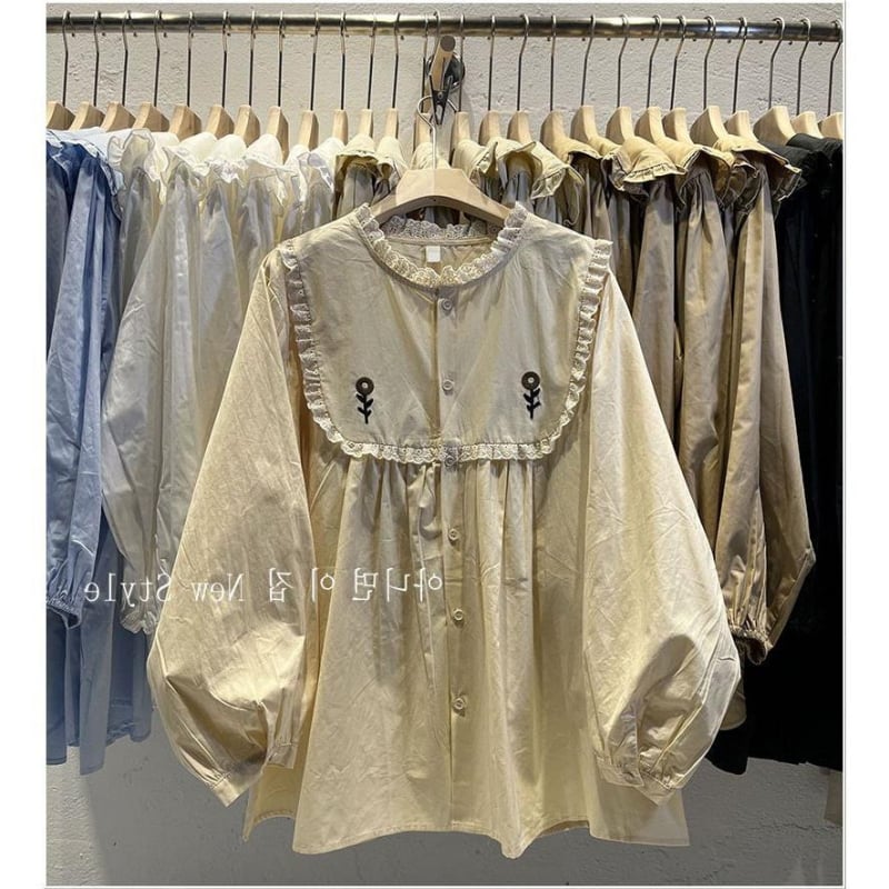 Ženska široka košulja za jesen/zimu, plus veličina, korejski stil, ručno izvezeni cvjetni patchwork, Mori stil, dugi rukavi, babydoll top.