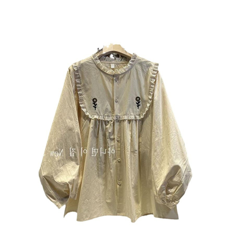 Ženska široka košulja za jesen/zimu, plus veličina, korejski stil, ručno izvezeni cvjetni patchwork, Mori stil, dugi rukavi, babydoll top.