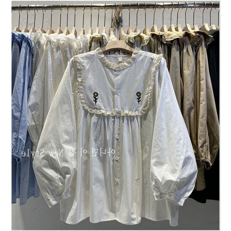 Ženska široka košulja za jesen/zimu, plus veličina, korejski stil, ručno izvezeni cvjetni patchwork, Mori stil, dugi rukavi, babydoll top.