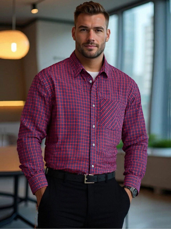 Cămașă cu model în carouri, poliester, mâneci lungi, croială mulată, buzunar decorativ