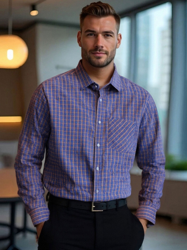 Cămașă cu model în carouri, poliester, mâneci lungi, croială mulată, buzunar decorativ