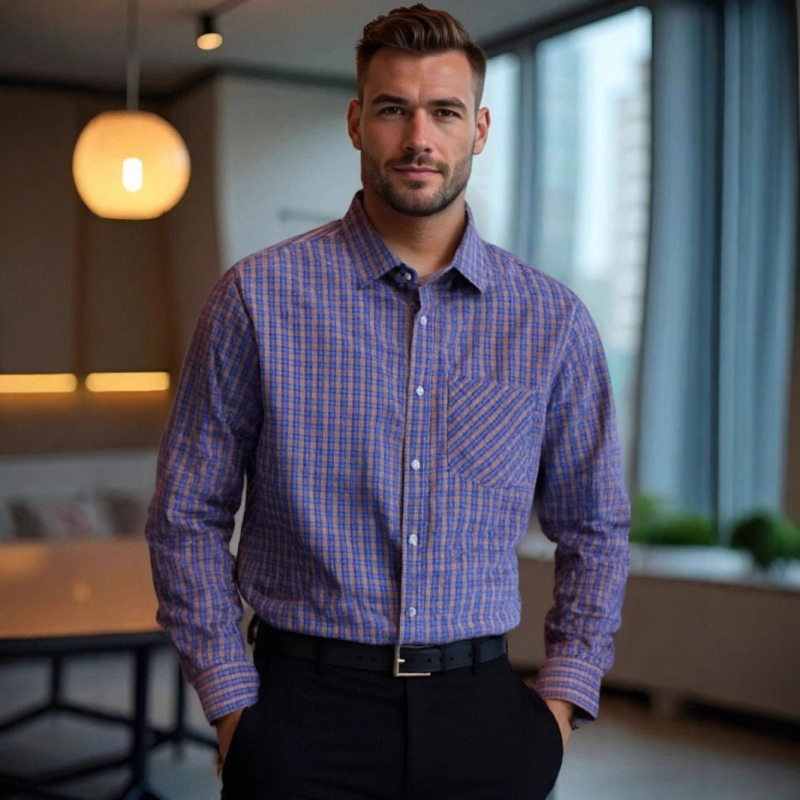 Cămașă cu model în carouri, poliester, mâneci lungi, croială mulată, buzunar decorativ