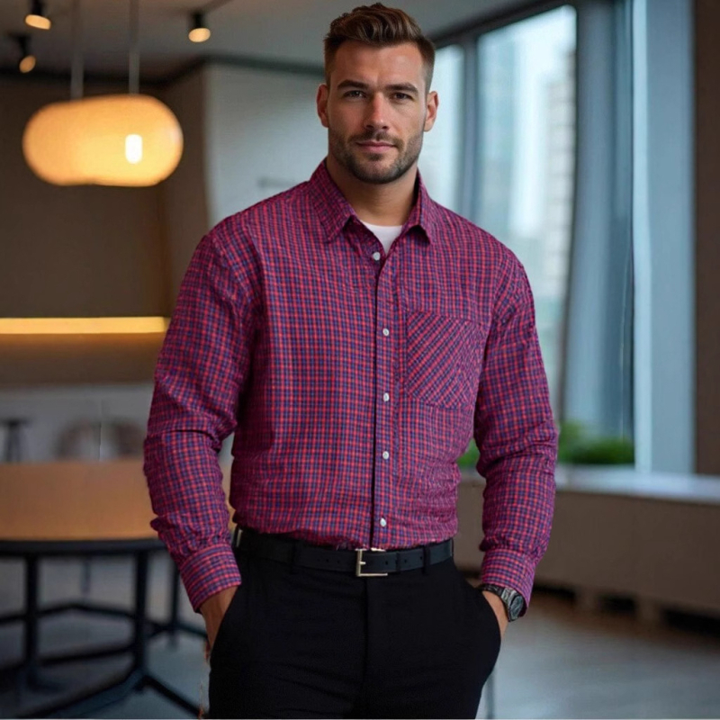 Cămașă cu model în carouri, poliester, mâneci lungi, croială mulată, buzunar decorativ