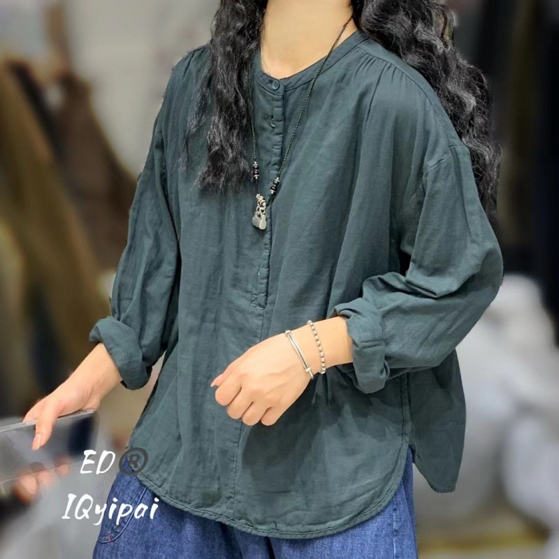 Pamut–len ing, egyszínű, patchwork stílus, laza szabás, kerek nyak