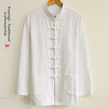 Pánska košeľa z konopného zmesi, čínskeho štýlu, stojaci golier, dlhé rukávy, voľný strih, jednofarebný vzor