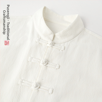 Pánska košeľa z konopného zmesi, čínskeho štýlu, stojaci golier, dlhé rukávy, voľný strih, jednofarebný vzor