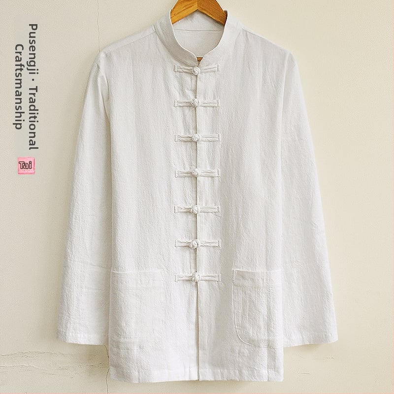 Pánska košeľa z konopného zmesi, čínskeho štýlu, stojaci golier, dlhé rukávy, voľný strih, jednofarebný vzor