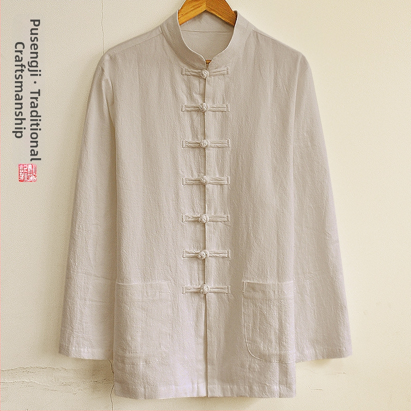 Pánska košeľa z konopného zmesi, čínskeho štýlu, stojaci golier, dlhé rukávy, voľný strih, jednofarebný vzor