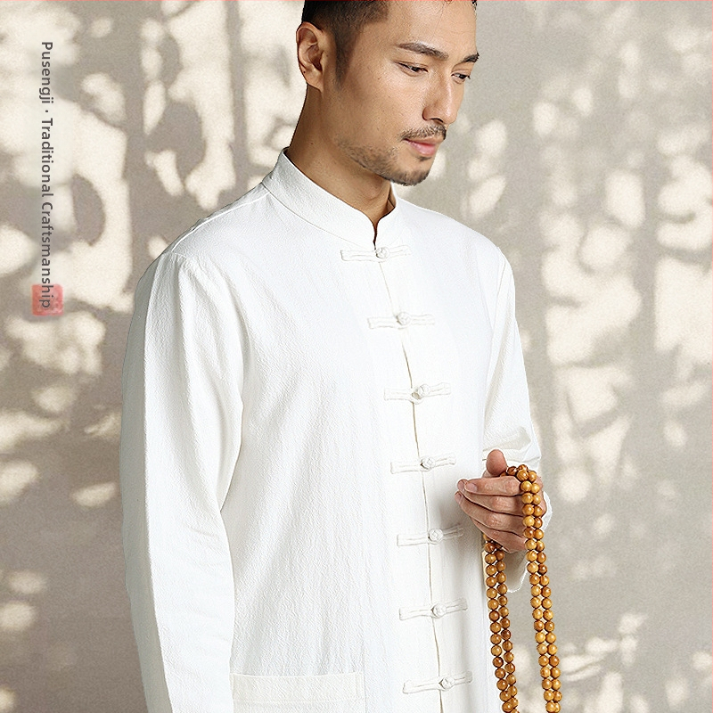 Pánska košeľa z konopného zmesi, čínskeho štýlu, stojaci golier, dlhé rukávy, voľný strih, jednofarebný vzor