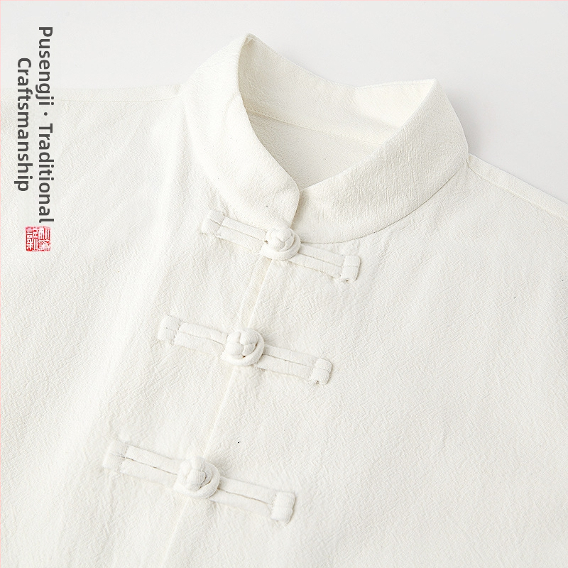 Pánska košeľa z konopného zmesi, čínskeho štýlu, stojaci golier, dlhé rukávy, voľný strih, jednofarebný vzor