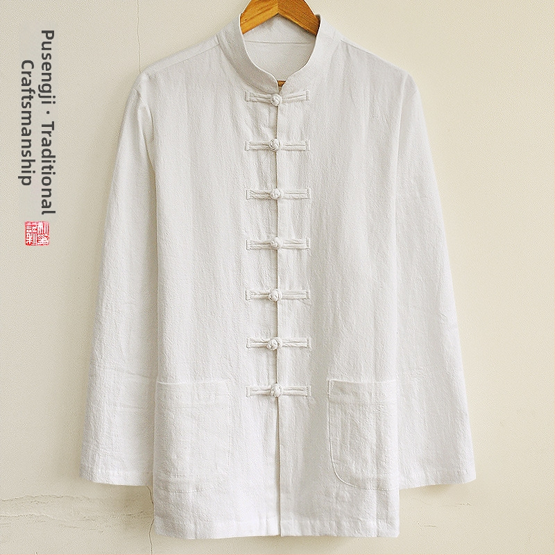 Pánska košeľa z konopného zmesi, čínskeho štýlu, stojaci golier, dlhé rukávy, voľný strih, jednofarebný vzor