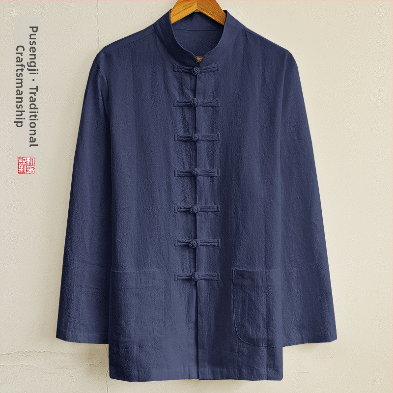 Pánska košeľa z konopného zmesi, čínskeho štýlu, stojaci golier, dlhé rukávy, voľný strih, jednofarebný vzor