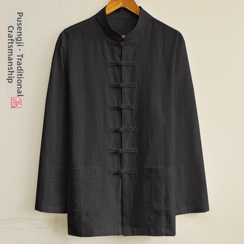 Pánska košeľa z konopného zmesi, čínskeho štýlu, stojaci golier, dlhé rukávy, voľný strih, jednofarebný vzor