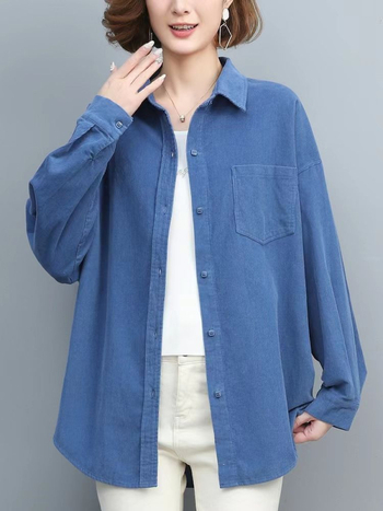 Női kordbársony ing, hosszú ujjú, lazán szabott, középméretű, gallér, elöl gombos placket, őszi 2024