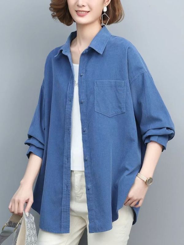 Női kordbársony ing, hosszú ujjú, lazán szabott, középméretű, gallér, elöl gombos placket, őszi 2024