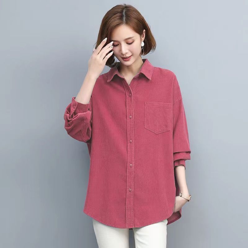 Női kordbársony ing, hosszú ujjú, lazán szabott, középméretű, gallér, elöl gombos placket, őszi 2024