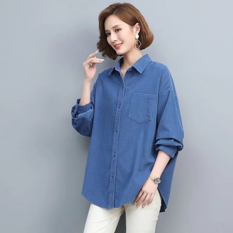 Női kordbársony ing, hosszú ujjú, lazán szabott, középméretű, gallér, elöl gombos placket, őszi 2024