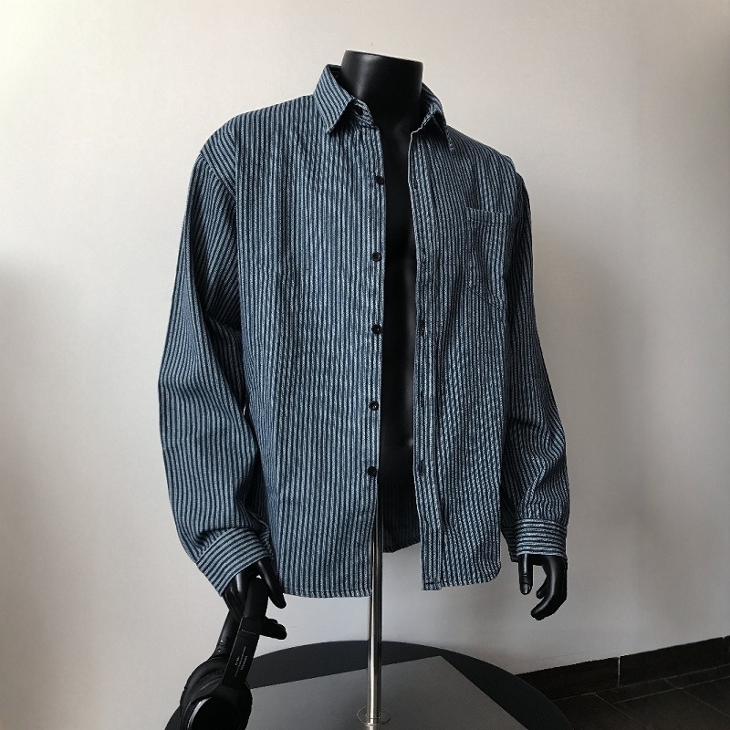 Muška košulja s prugama u vintage američkom stilu, dugi rukav, slobodan kroj, plus veličina, inspirirano japanskim stilom