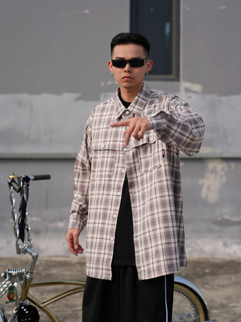 Muška karirana pletena košulja, dugi rukav, slobodan kroj, ovratnik s reverom, hip-hop stil