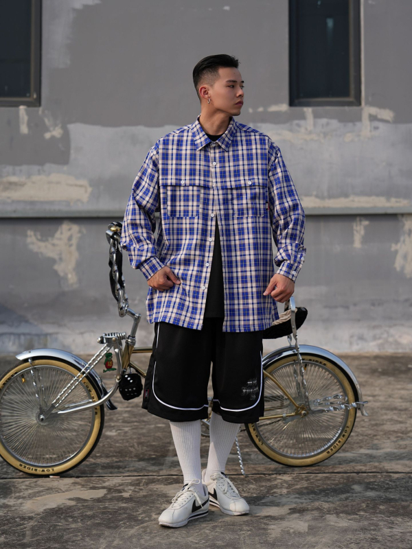 Muška karirana pletena košulja, dugi rukav, slobodan kroj, ovratnik s reverom, hip-hop stil