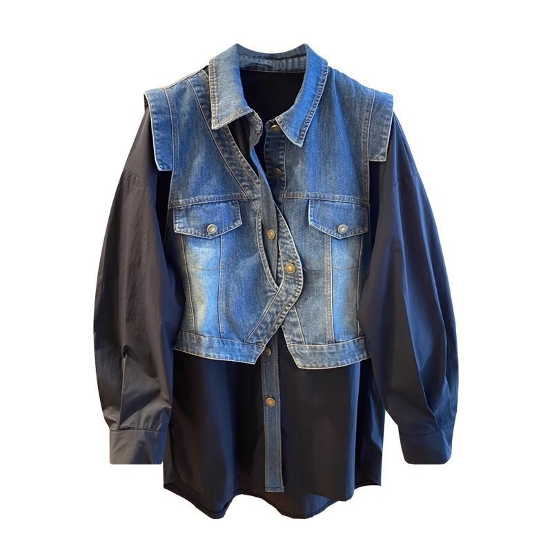 Ženski top s dugim rukavima, denim patchworkom i lažnim dvodijelnim dizajnom, polo ovratnik, jedno dugme, široka kroja