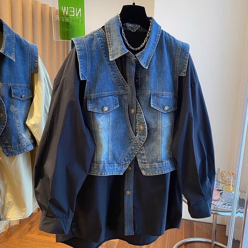 Ženski top s dugim rukavima, denim patchworkom i lažnim dvodijelnim dizajnom, polo ovratnik, jedno dugme, široka kroja