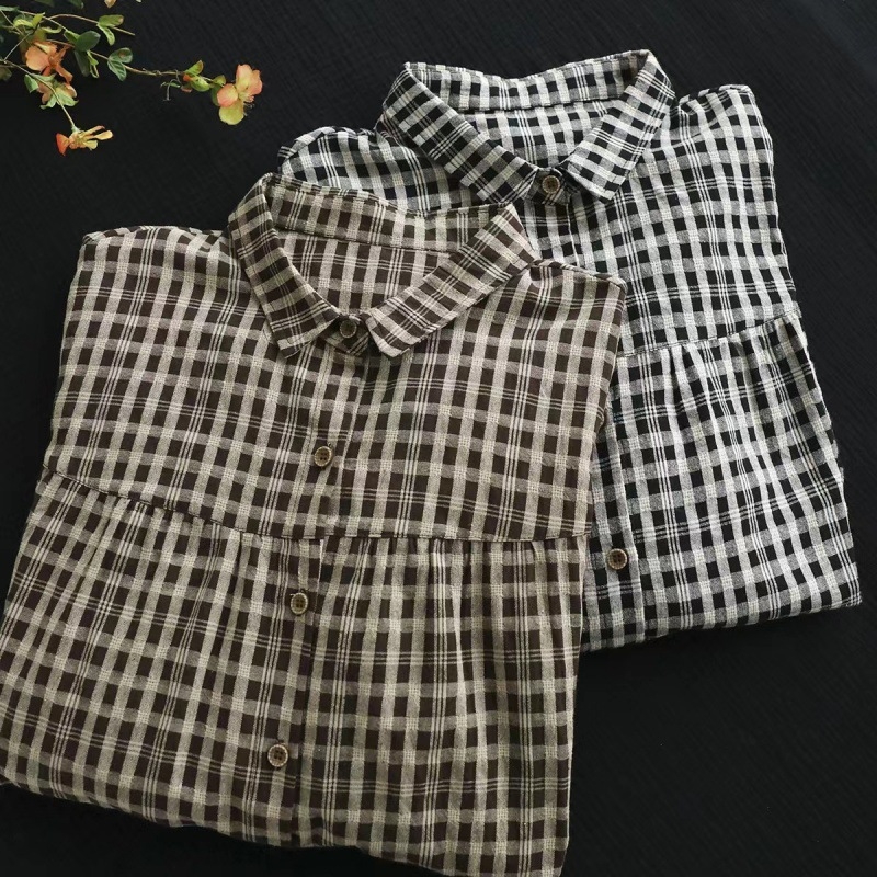 Casual karirana košulja od pamuk-lin materijala s udjelom konoplje, labav kroj, polo ovratnik, 3/4 rukavi