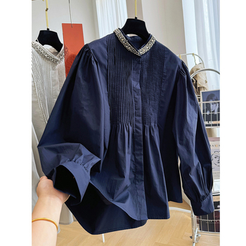 Bluza sa stojećim ovratnikom, plisirani kapes stil, dugi rukavi, slobodan kroj, pamuk-poliester mješavina