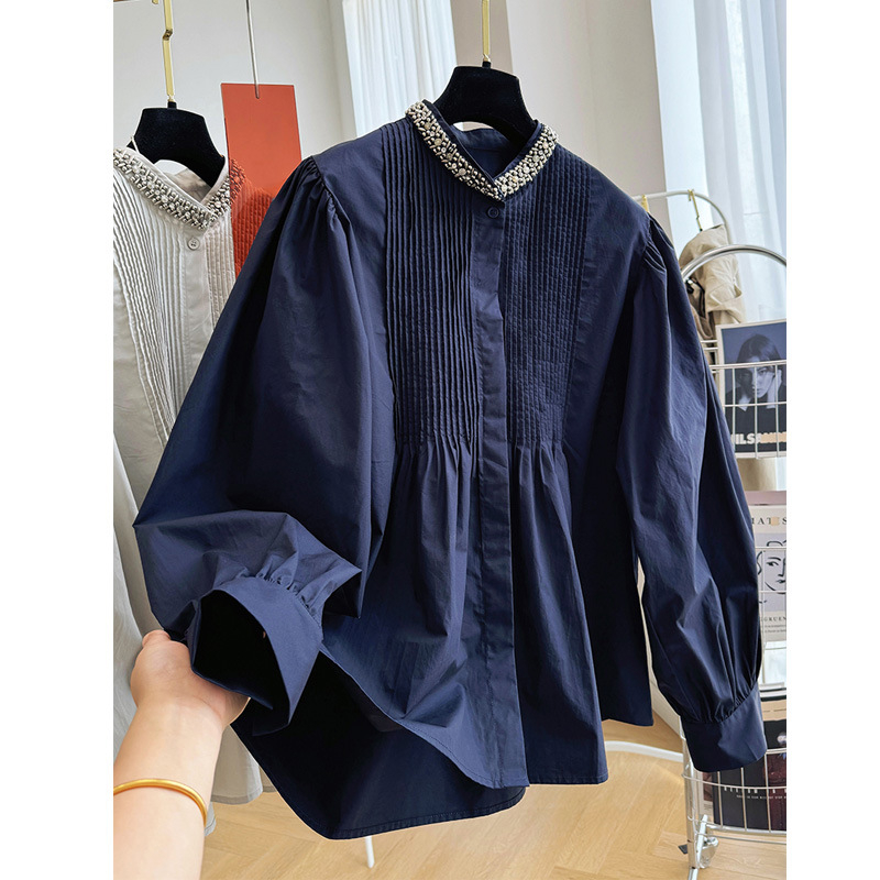 Bluza sa stojećim ovratnikom, plisirani kapes stil, dugi rukavi, slobodan kroj, pamuk-poliester mješavina