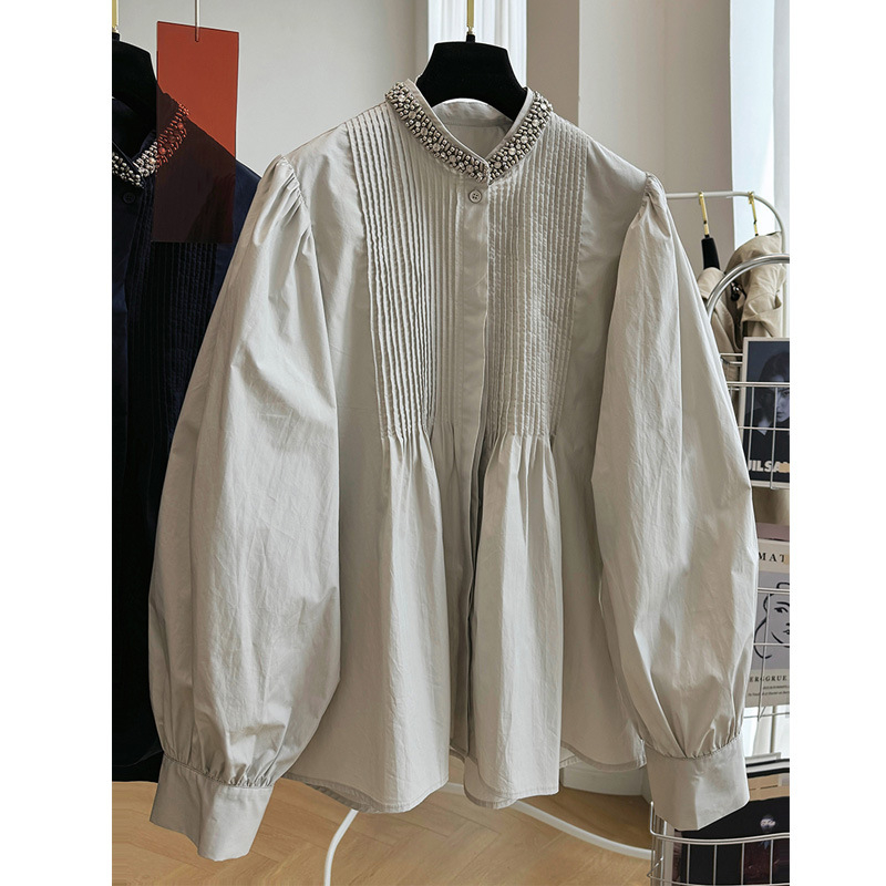 Bluza sa stojećim ovratnikom, plisirani kapes stil, dugi rukavi, slobodan kroj, pamuk-poliester mješavina