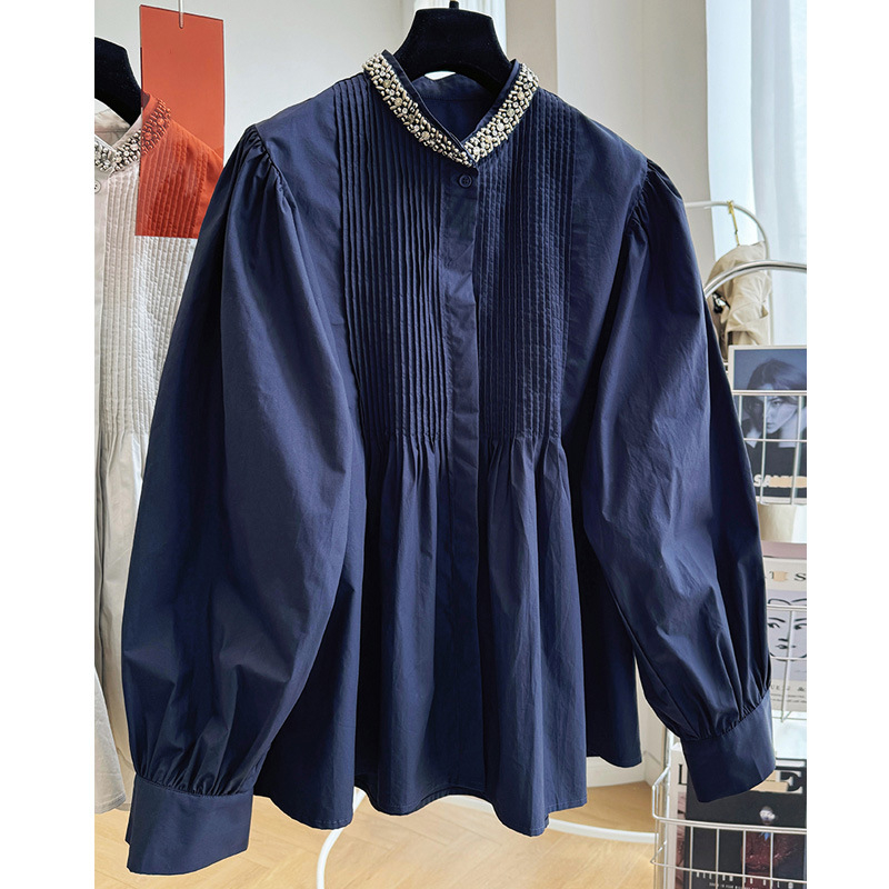 Bluza sa stojećim ovratnikom, plisirani kapes stil, dugi rukavi, slobodan kroj, pamuk-poliester mješavina