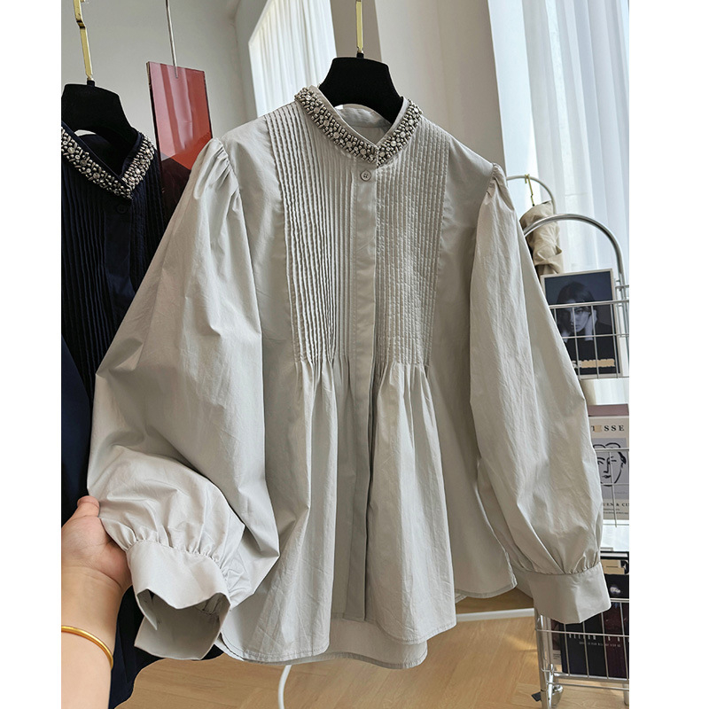 Bluza sa stojećim ovratnikom, plisirani kapes stil, dugi rukavi, slobodan kroj, pamuk-poliester mješavina