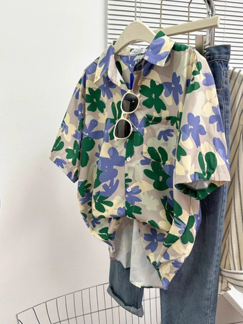 Košula s kratkim rukavima s floralnim uzorkom, poliester, ovratnik košulje, ljeto 2025, literarno retro stil