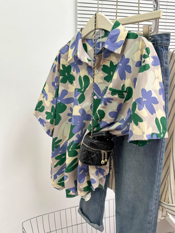 Košula s kratkim rukavima s floralnim uzorkom, poliester, ovratnik košulje, ljeto 2025, literarno retro stil