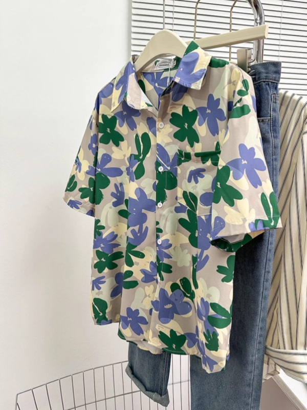 Košula s kratkim rukavima s floralnim uzorkom, poliester, ovratnik košulje, ljeto 2025, literarno retro stil