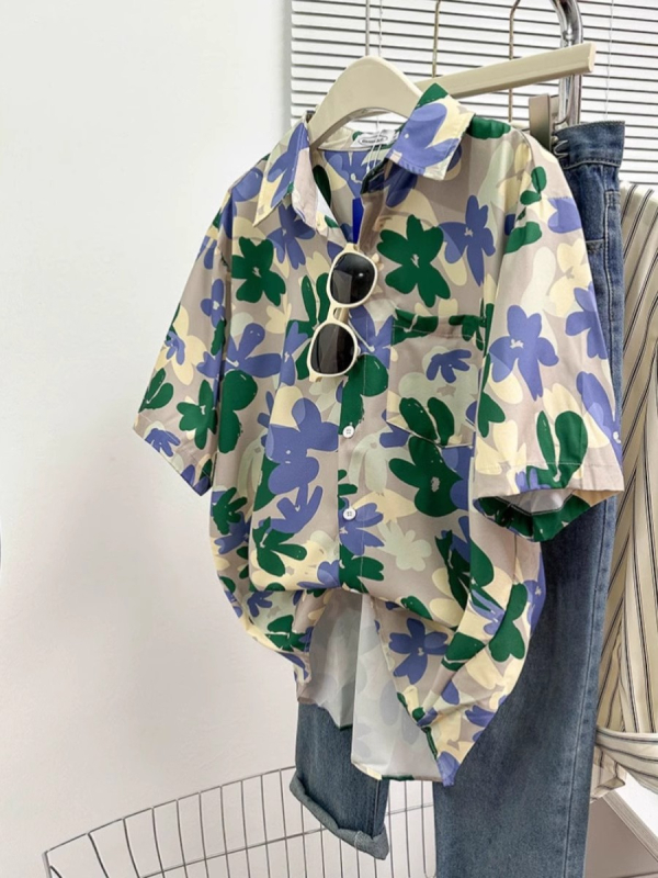 Košula s kratkim rukavima s floralnim uzorkom, poliester, ovratnik košulje, ljeto 2025, literarno retro stil