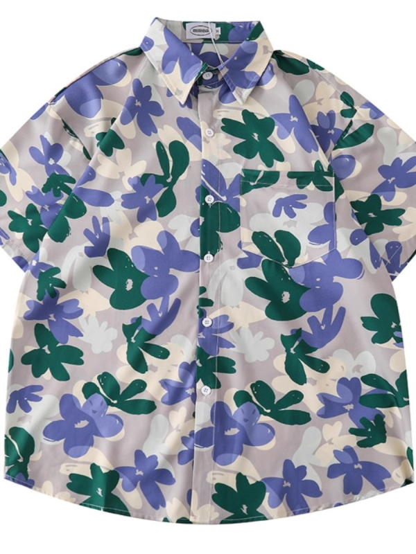 Košula s kratkim rukavima s floralnim uzorkom, poliester, ovratnik košulje, ljeto 2025, literarno retro stil