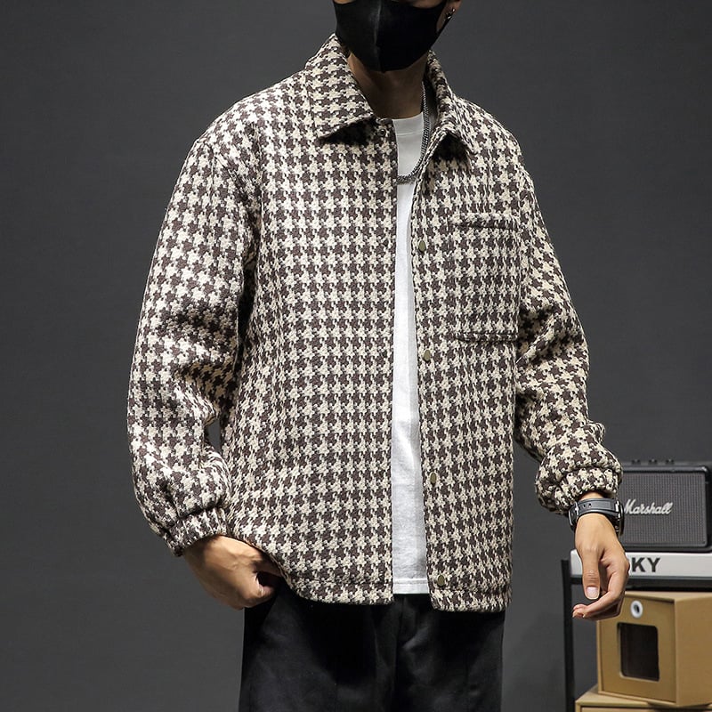 Košulja s uzorkom houndstooth, mješavina poliester, ovratnik s reverom, duge rukave, slobodan kroj