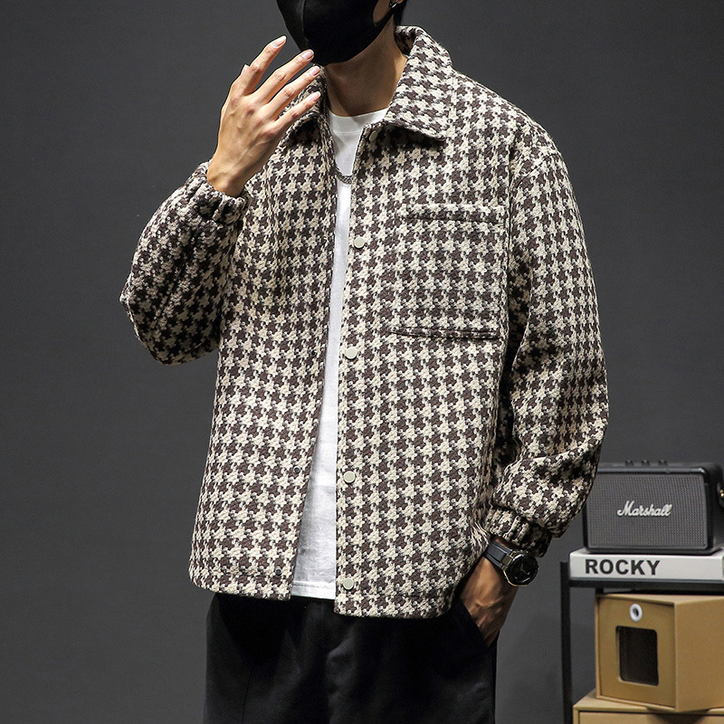 Košulja s uzorkom houndstooth, mješavina poliester, ovratnik s reverom, duge rukave, slobodan kroj